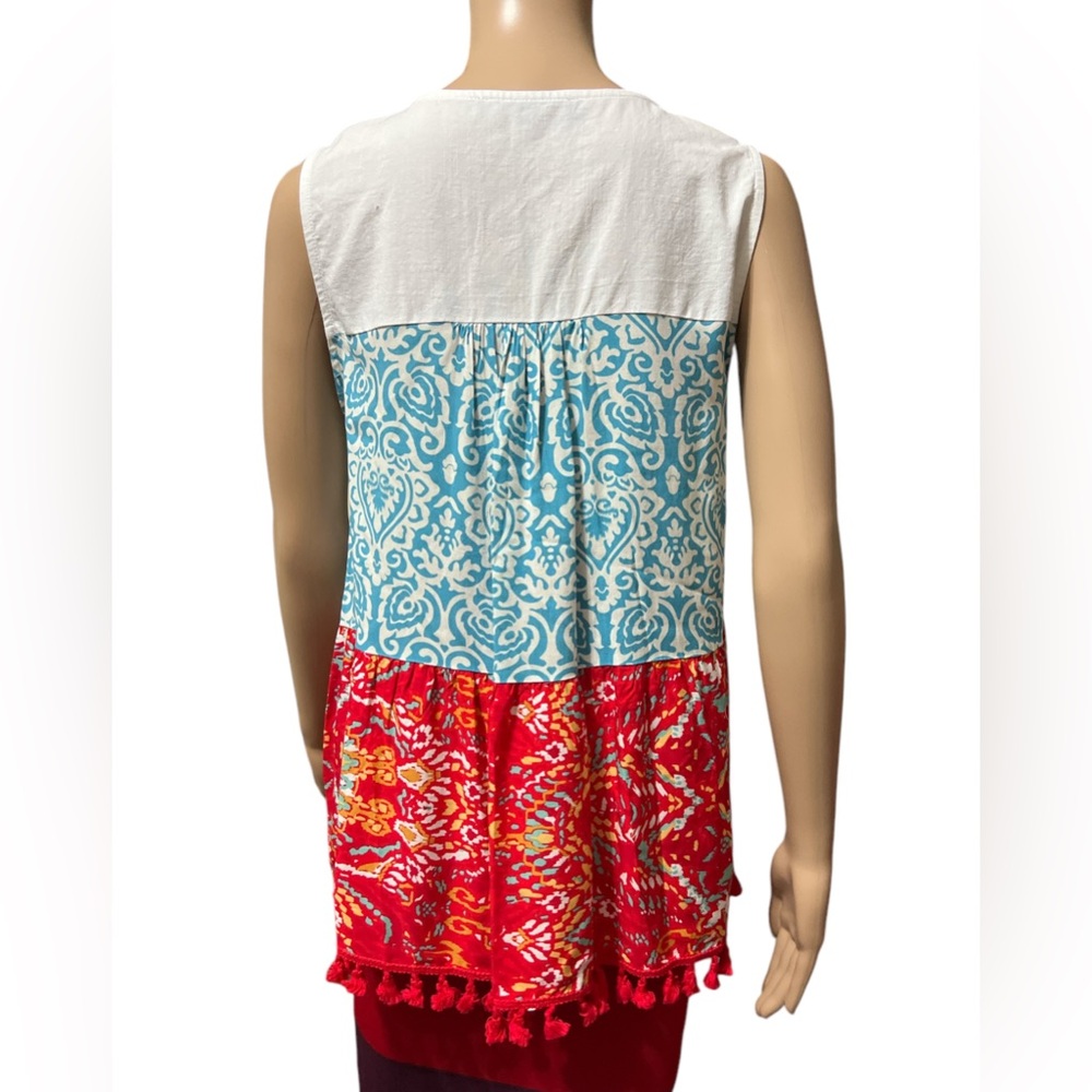 NWT Calessa Size XL Embroidered Patchwork Peasant Split V-Neck Sleeveless Blouse - Picture 5 of 11